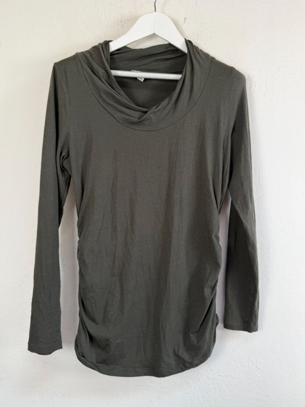 Cabi Olive Green Cowl Neck Long Sleeve Top Ruched Side Knit Tunic Blouse Large